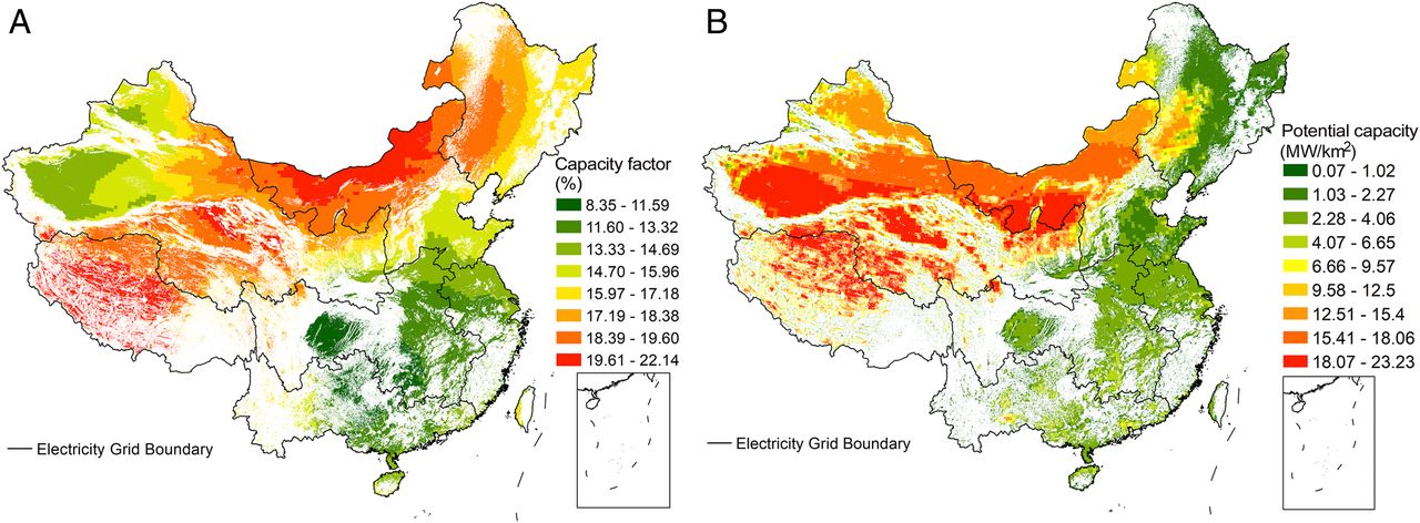 20211012-乐鱼在线平台环境学院、碳中和研究院、哈佛大学等联合团队系统解析我国太阳能发电平价路径与并网潜力-鲁玺-图1 光伏发电容量因子（A）及装机潜力（B）分布.jpg
